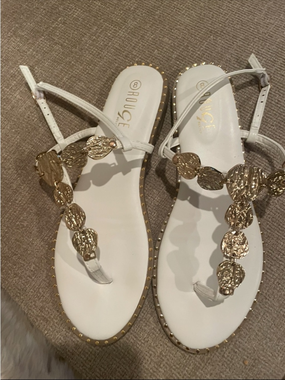 Buckle White Sandals with Gold Coin Embellishments